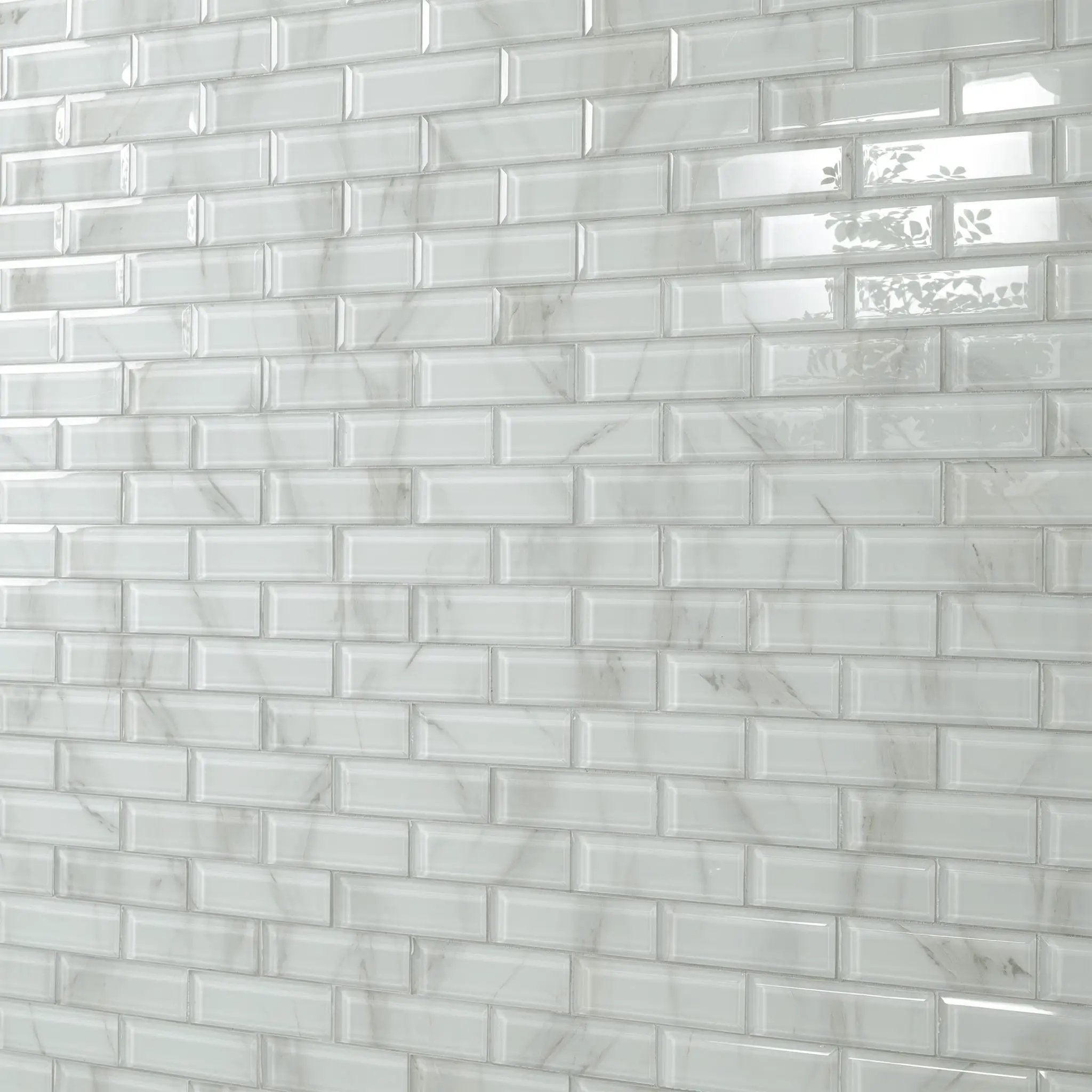 Ivory Amber Beveled Subway Tile Glossy Pattern Glass Mosaics angled view