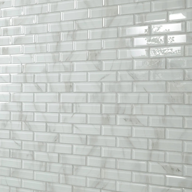 Ivory Amber Beveled Subway Tile Glossy Pattern Glass Mosaics angled view