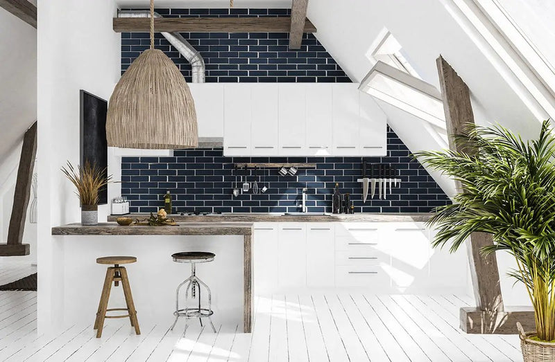 Vague Blue Subway Tile Glossy Pattern Glass Mosaics in a finished room