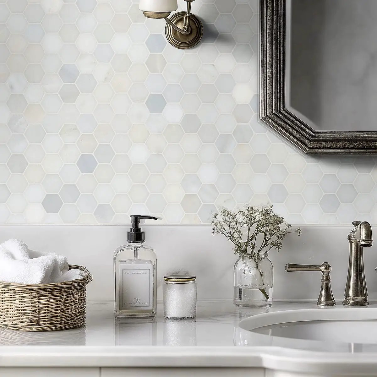 Greecian White 2"hexagon Polished Hexagon Marble Mosaics in a finished room