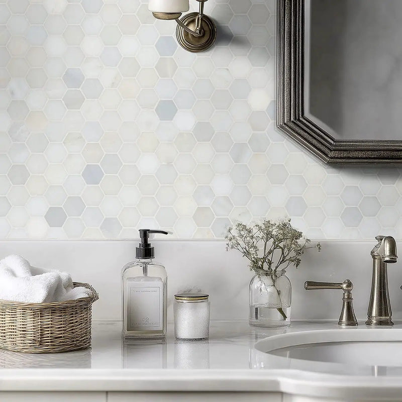 Greecian White 2"hexagon Polished Hexagon Marble Mosaics in a finished room