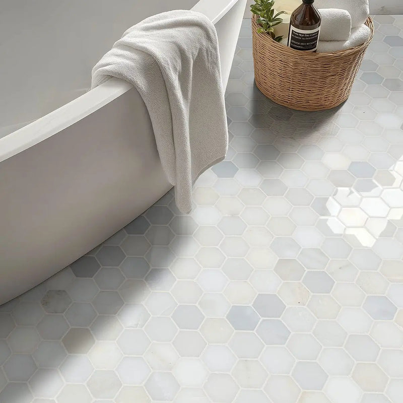 Greecian White 2"hexagon Polished Hexagon Marble Mosaics in a finished room
