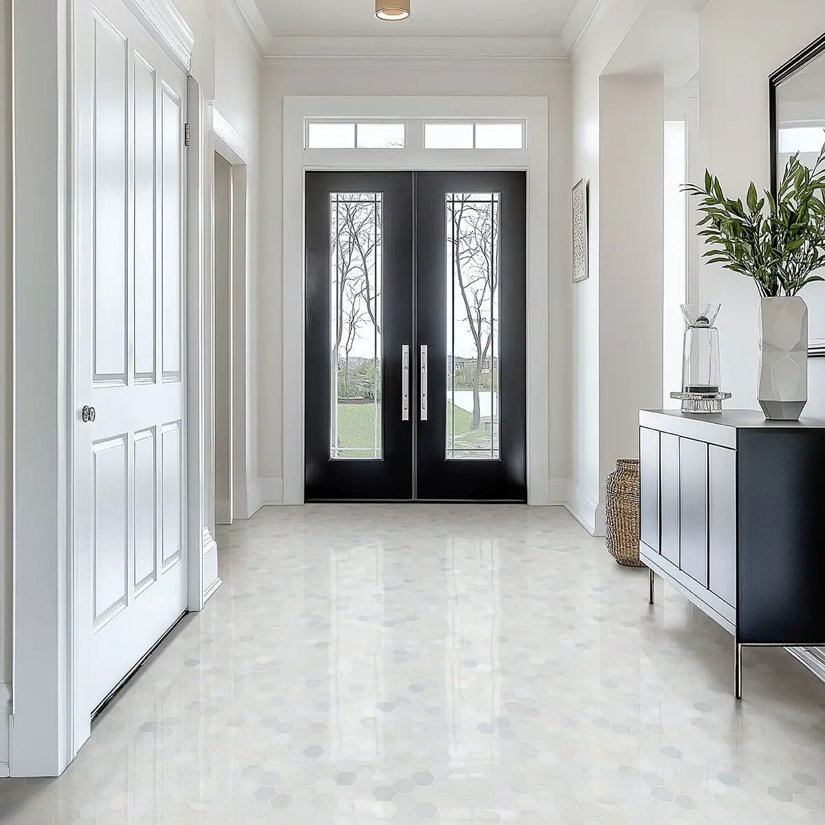 Greecian White 2"hexagon Polished Hexagon Marble Mosaics in a finished room