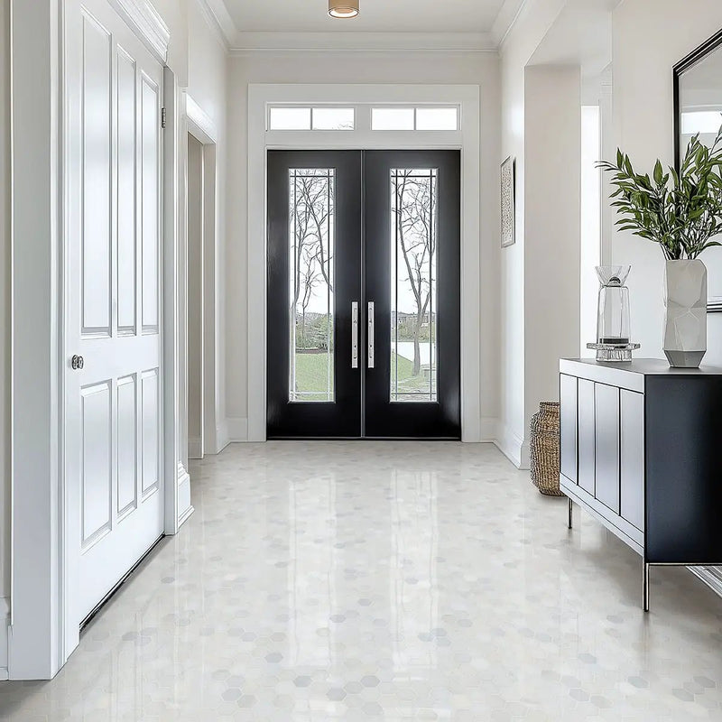 Greecian White 2"hexagon Polished Hexagon Marble Mosaics in a finished room