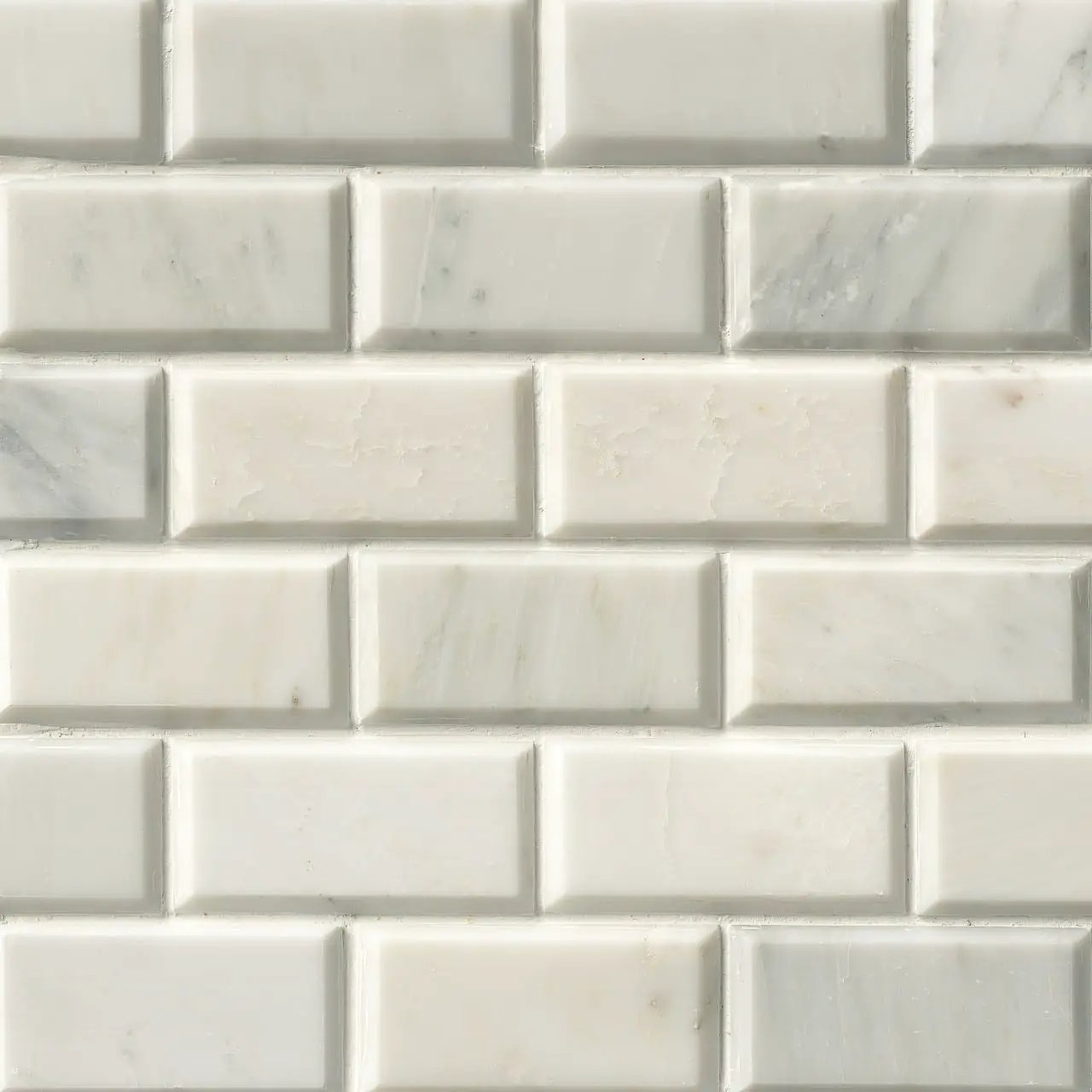 Greecian White Beveled Subway Tile 2x4 Marble Mosaics close up