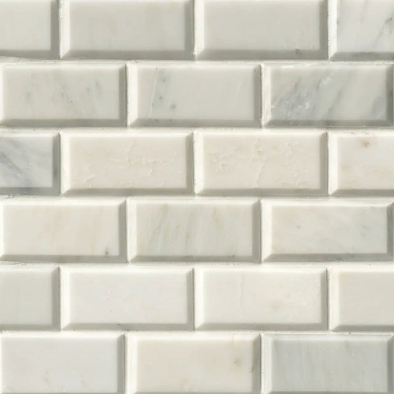 Greecian White Beveled Subway Tile 2x4 Marble Mosaics close up