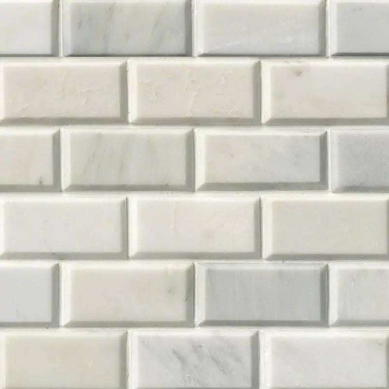 Greecian White Beveled Subway Tile 2x4 Marble Mosaics close up