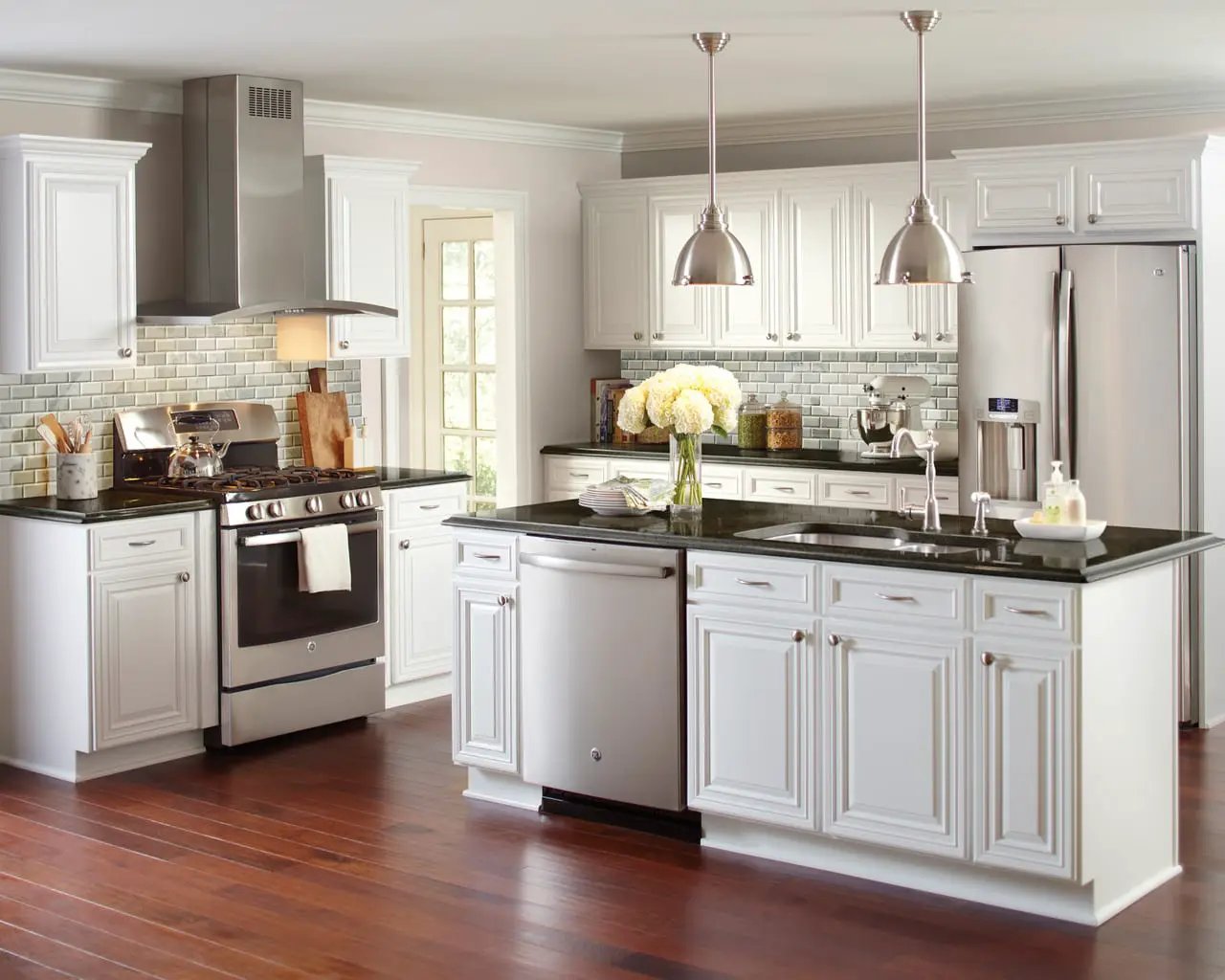 Greecian White Beveled Subway Tile 2x4 Marble Mosaics in a finished room
