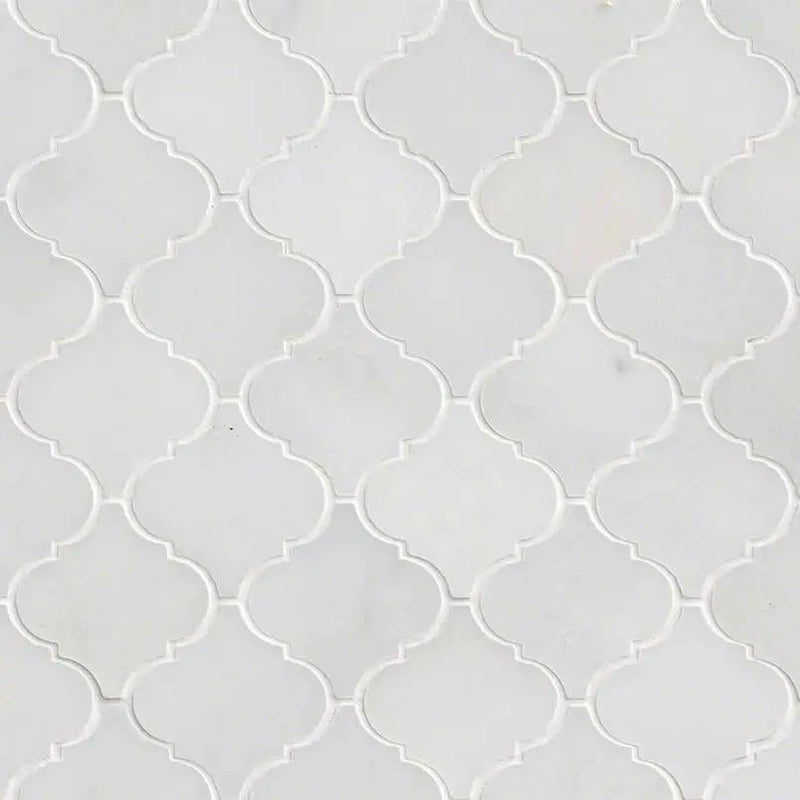 Greecian White Arabesque Tile Polished Pattern Marble Mosaics close up