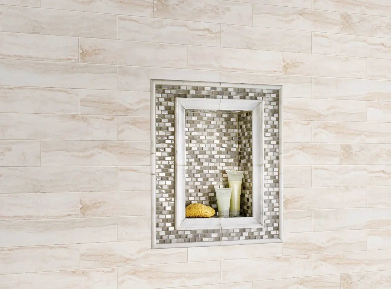 Greecian White Arabesque Tile Polished Pattern Marble Mosaics in a finished room