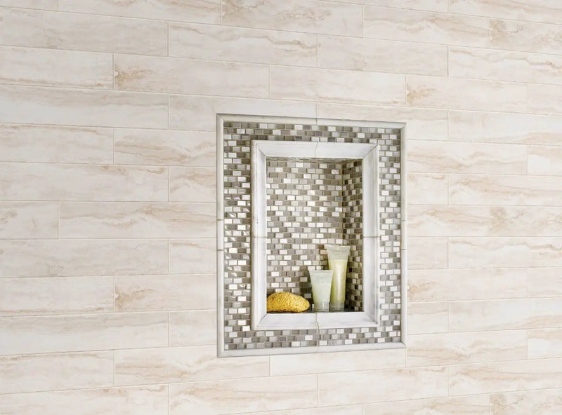 Greecian White Arabesque Tile Polished Pattern Marble Mosaics in a finished room
