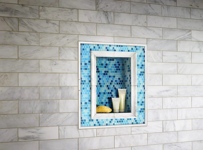 Greecian White Arabesque Tile Polished Pattern Marble Mosaics in a finished room