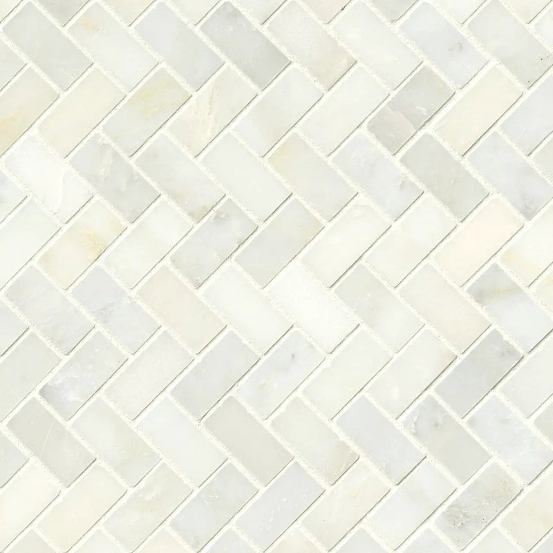 Greecian White Herringbone Pattern Polished Marble Mosaics close up