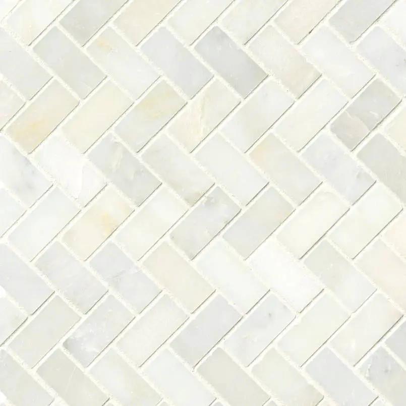 Greecian White Herringbone Pattern Polished Marble Mosaics close up