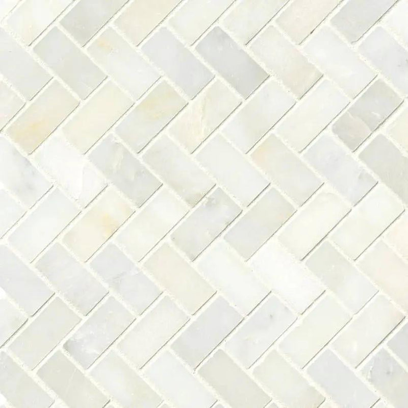 Greecian White Herringbone Pattern Polished Marble Mosaics close up