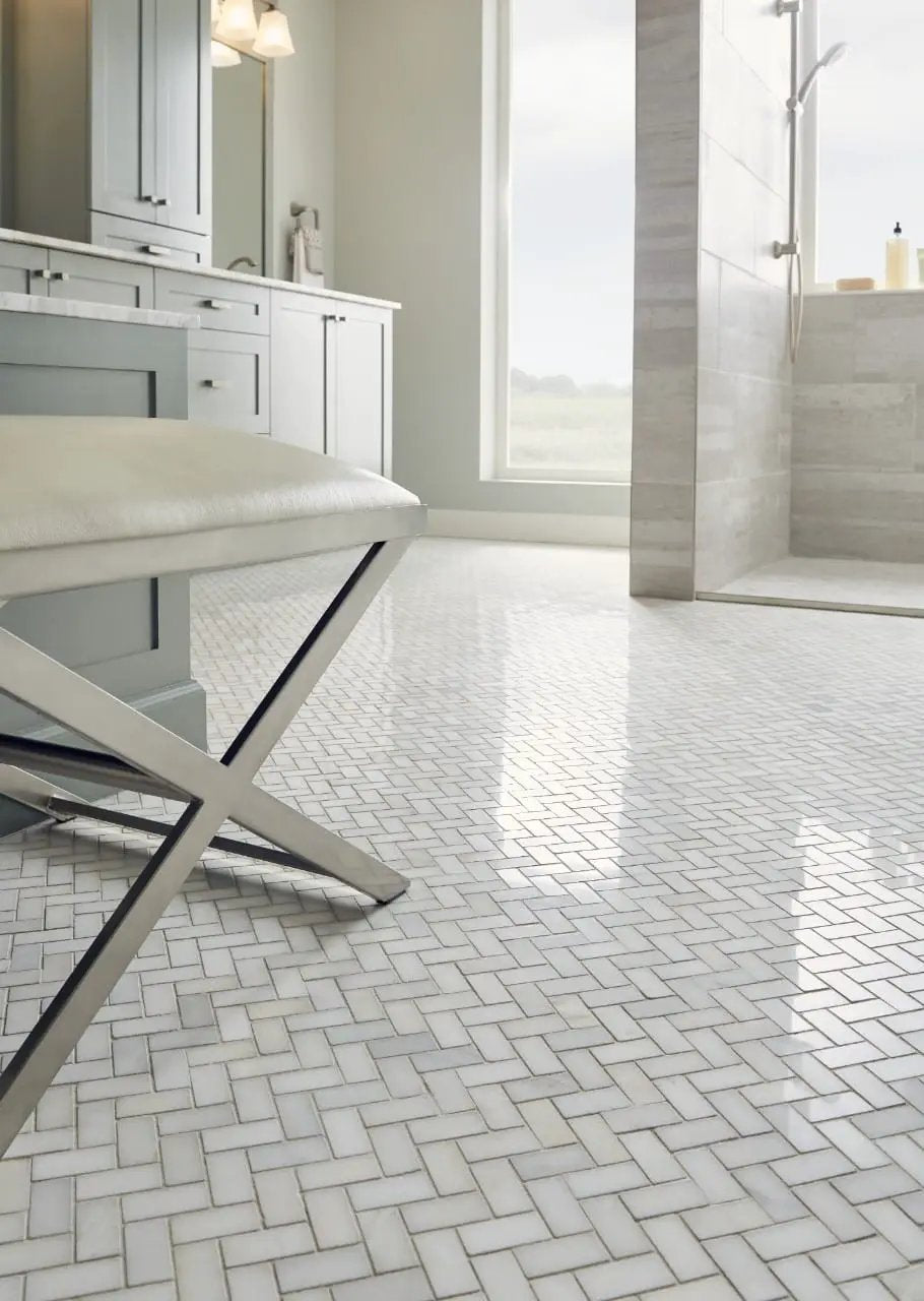 Greecian White Herringbone Pattern Polished Marble Mosaics in a finished room