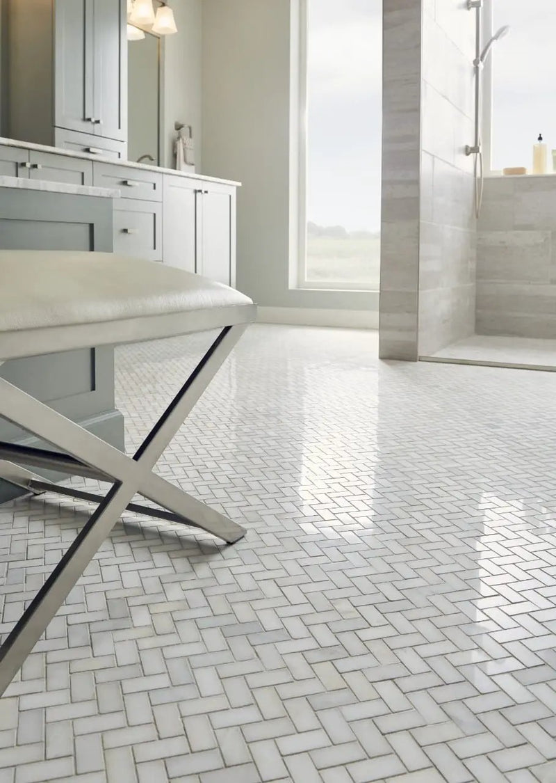 Greecian White Herringbone Pattern Polished Marble Mosaics in a finished room