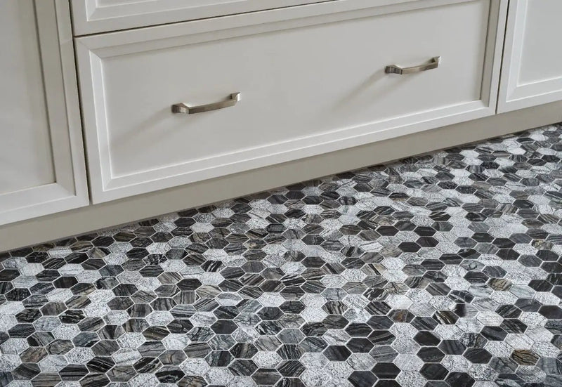 Henley Multi Finish Hexagon Mosaic Tile Marble in a finished room