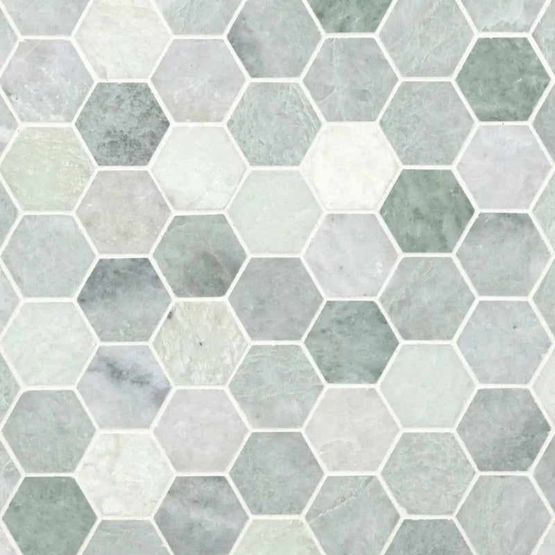 Icelandic Green 2" Hexagon Mosaic Tile Polished Marble close up