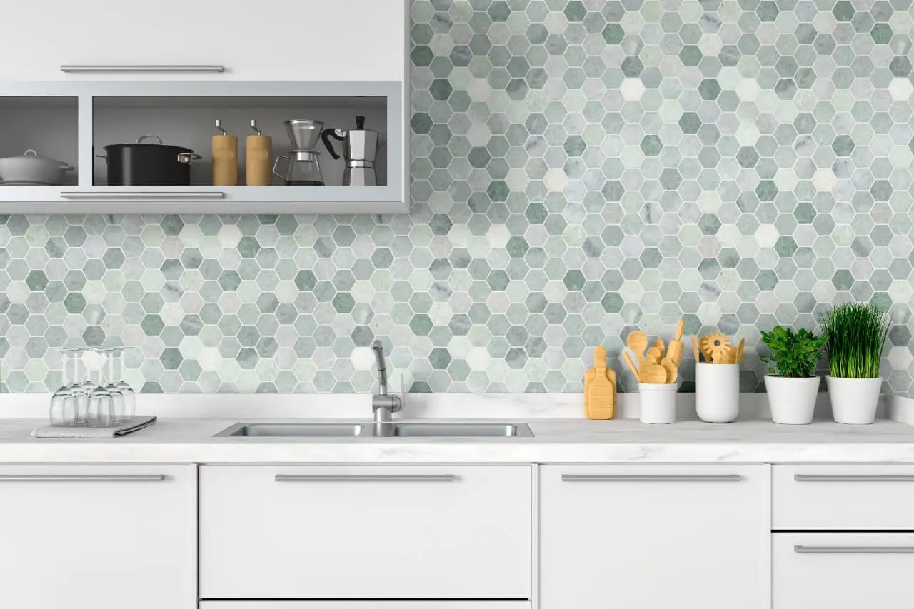 Icelandic Green 2" Hexagon Mosaic Tile Polished Marble in a finished room