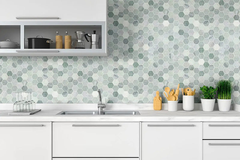 Icelandic Green 2" Hexagon Mosaic Tile Polished Marble in a finished room