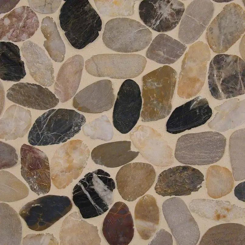 Mix River Pebbles Pattern 10mm Tumbled Quartzite Mosaics close up