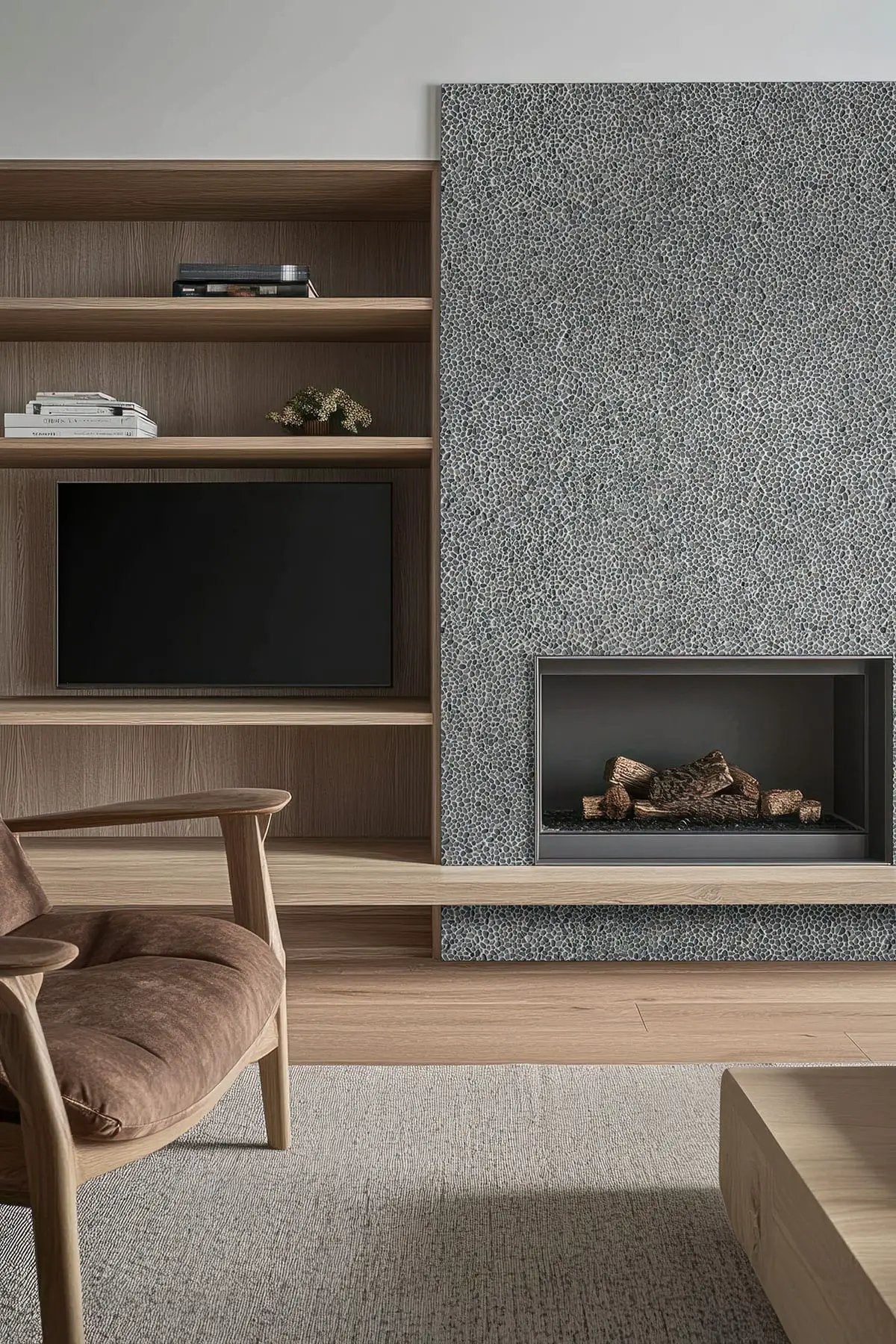 Noir Ash Mini Pebble Tumbled Marble Mosaics in a finished room