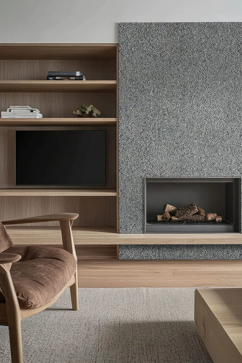 Noir Ash Mini Pebble Tumbled Marble Mosaics in a finished room