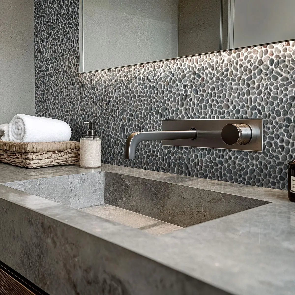 Noir Ash Mini Pebble Tumbled Marble Mosaics in a finished room