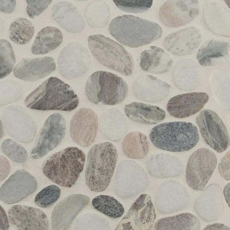 Puebla Greige Pebble Tumbled Pattern Marble Mosaics close up