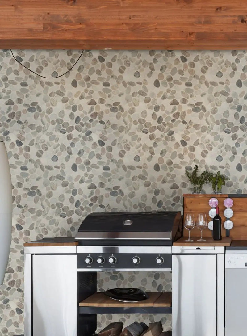 Puebla Greige Pebble Tumbled Pattern Marble Mosaics in a finished room