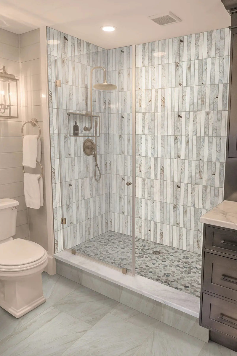 Puebla Greige Pebble Tumbled Pattern Marble Mosaics in a finished room