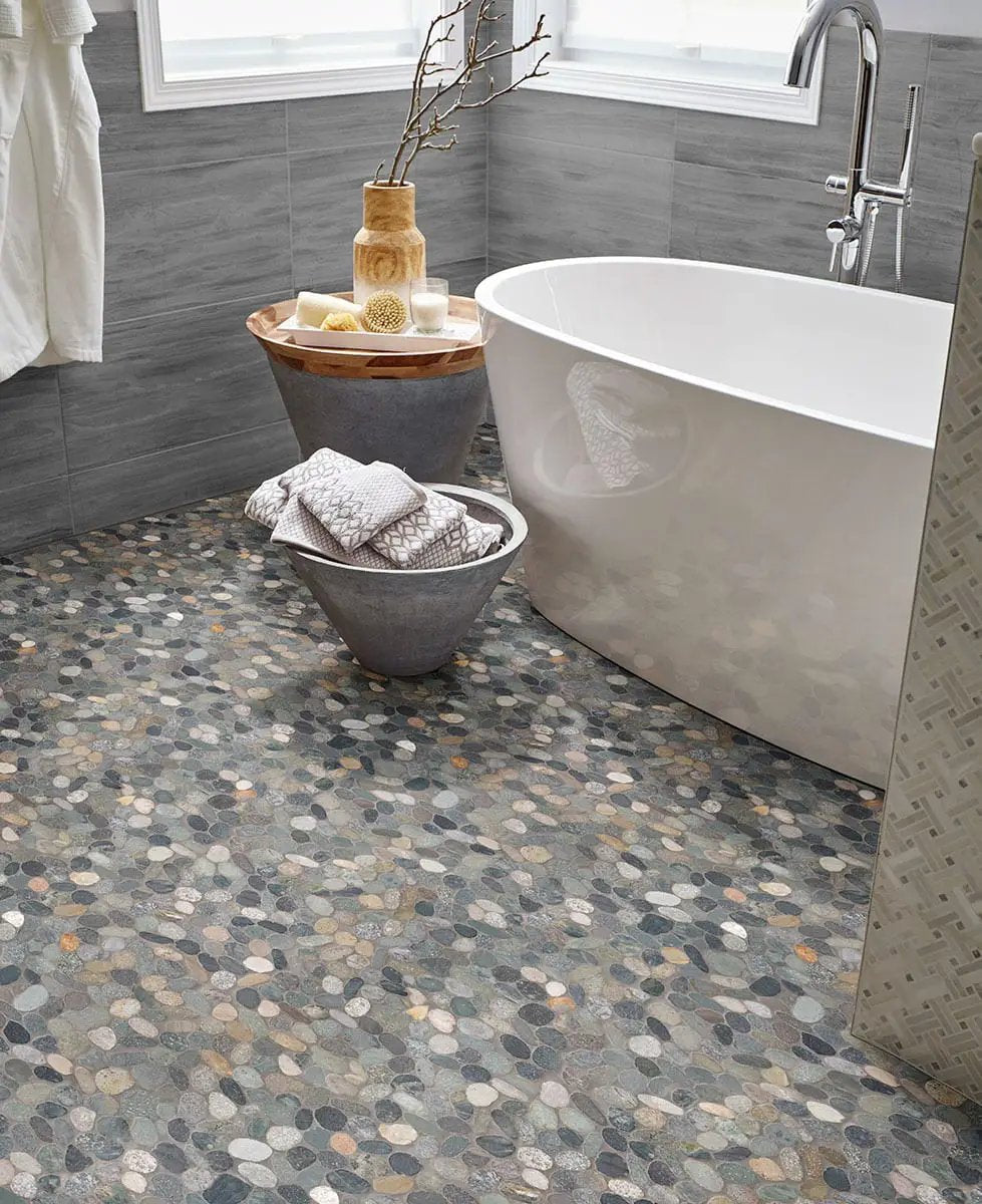 Sliced Rainforest Pebble Tumbled Pattern Marble Mosaics in a finished room