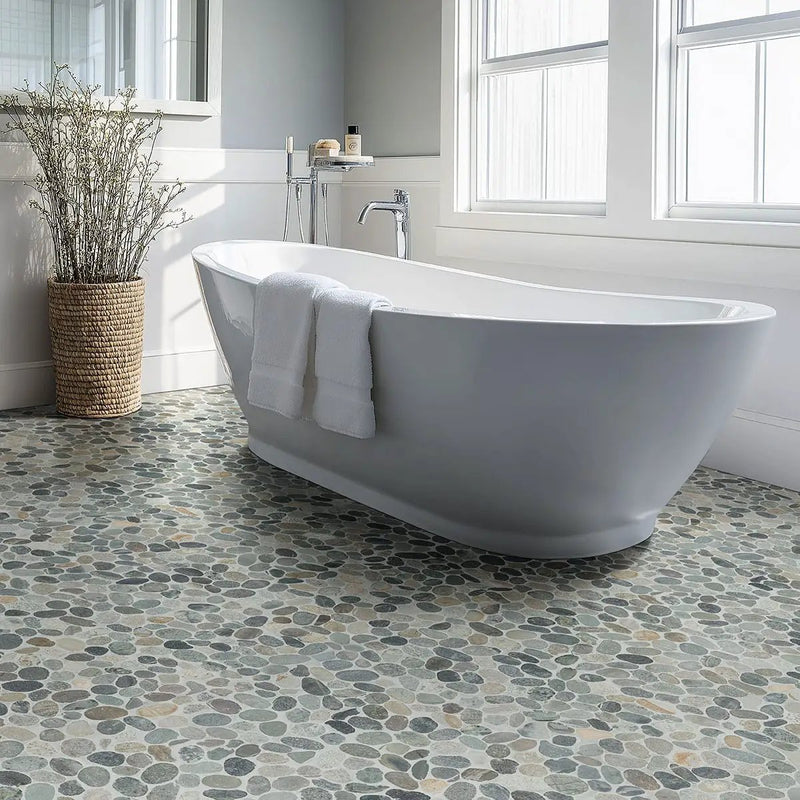 Sliced Rainforest Pebble Tumbled Pattern Marble Mosaics in a finished room