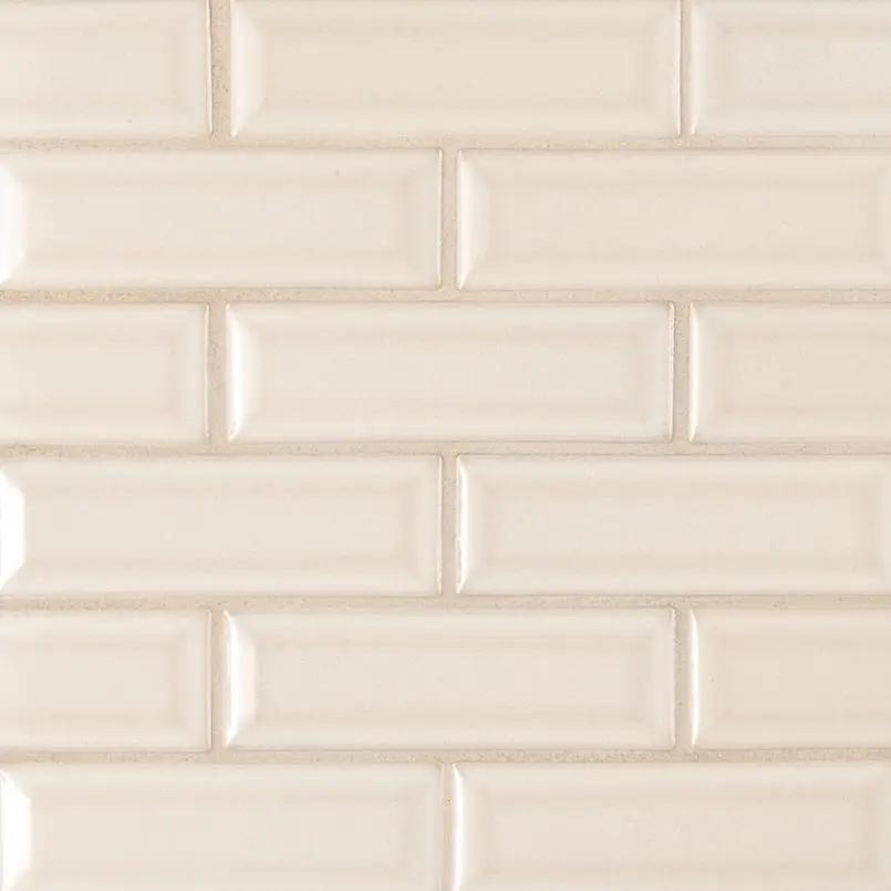 Antique White Beveled Tile Glossy Ceramic Mosaics 2x6 close up