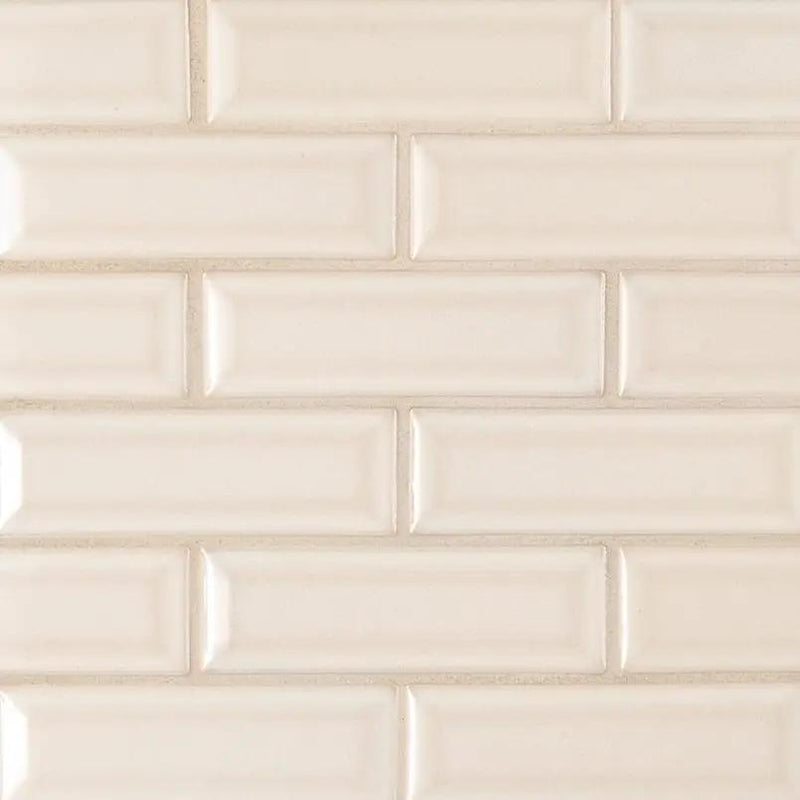 Antique White Beveled Tile Glossy Ceramic Mosaics 2x6 close up