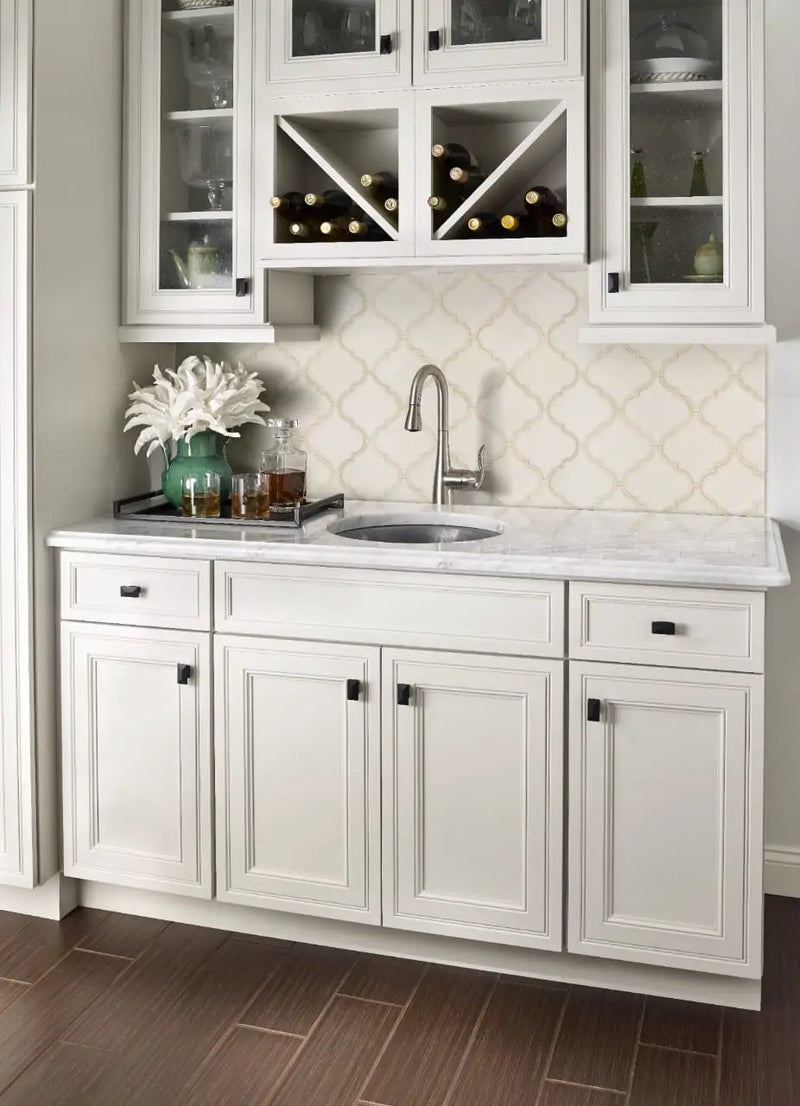 Antique White Arabesque Tile Glossy Pattern Ceramic Mosaics in a finished room