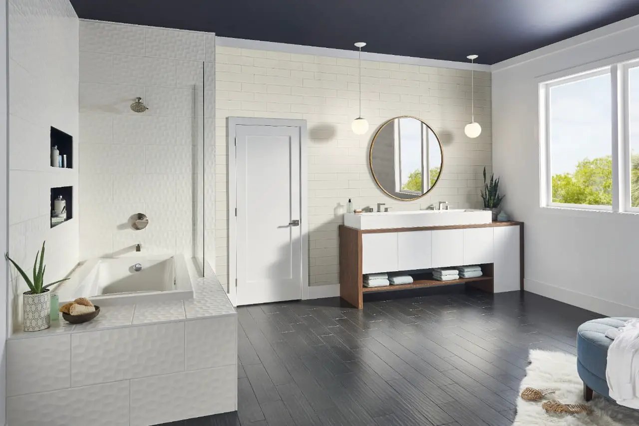 Antique White Glazed Handcrafted 4x12 Glossy Ceramic Mosaics in a finished room