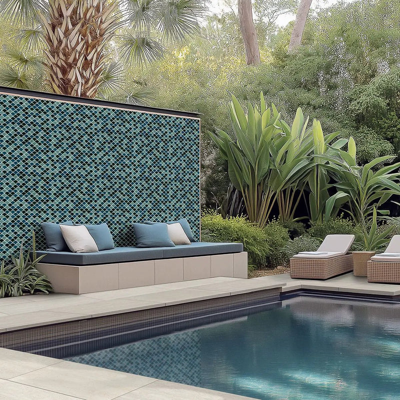 Azul Scallop 8mm Glossy Pattern Porcelain Mosaics in a finished room