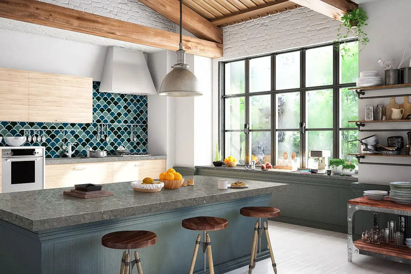Azul Scallop 8mm Glossy Pattern Porcelain Mosaics in a finished room