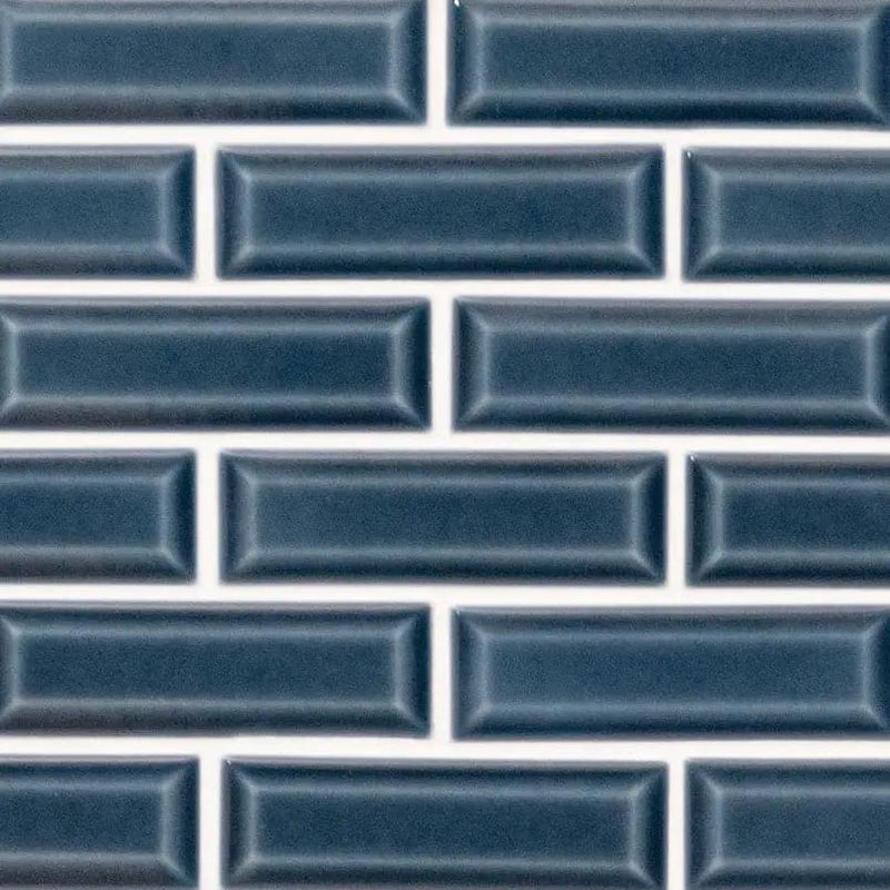 Bay Blue Beveled Tile 2x6 Glossy Ceramic Mosaics close up
