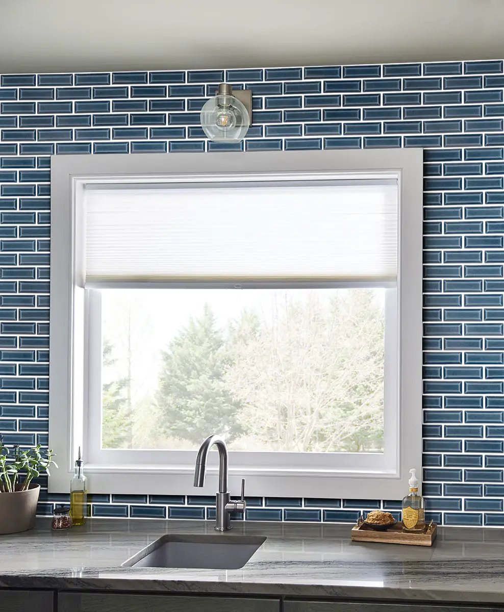 Bay Blue Beveled Tile 2x6 Glossy Ceramic Mosaics in a finished room
