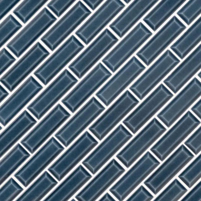 Bay Blue Beveled Tile 2x6 Glossy Ceramic Mosaics angled view