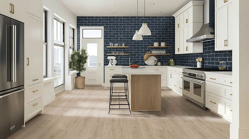 Bay Blue Glazed Tile 4x12 Glossy Ceramic Mosaics in a finished room