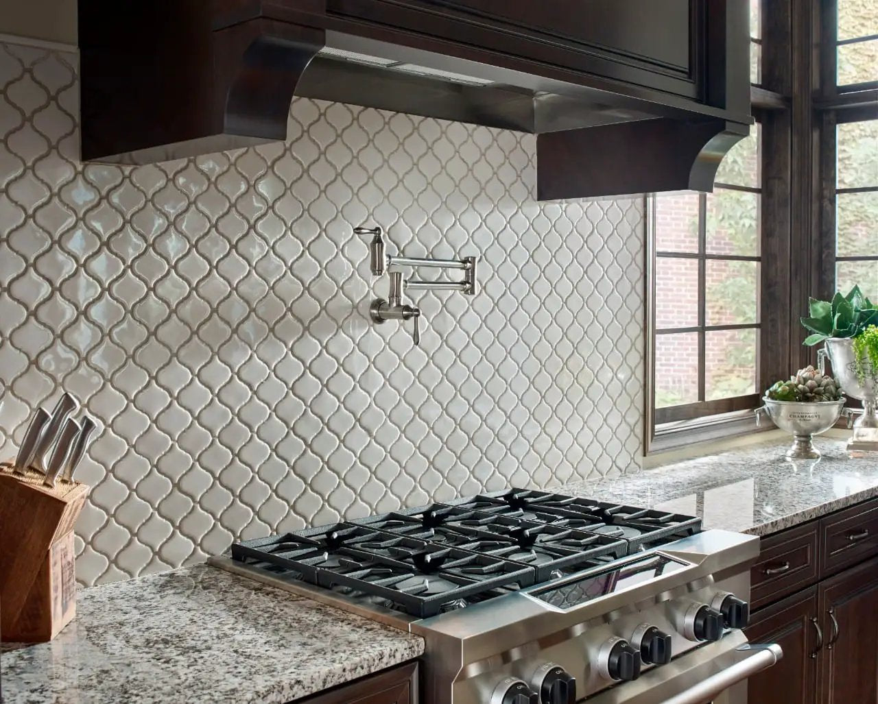Bianco Arabesque Tile Glossy Pattern Porcelain Mosaics in a finished room