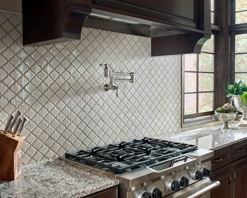 Bianco Arabesque Tile Glossy Pattern Porcelain Mosaics in a finished room