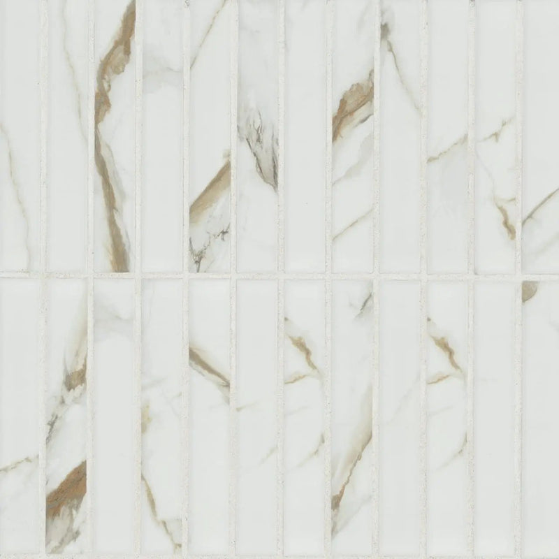 Calacatta Gold Matte 1x6 Stack Pattern Porcelain Mosaics close up