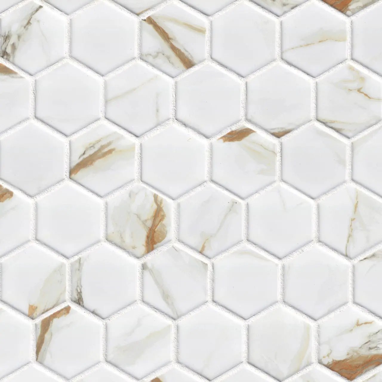 Calacatta Gold Matte 2" Hexagon Porcelain Mosaics close up