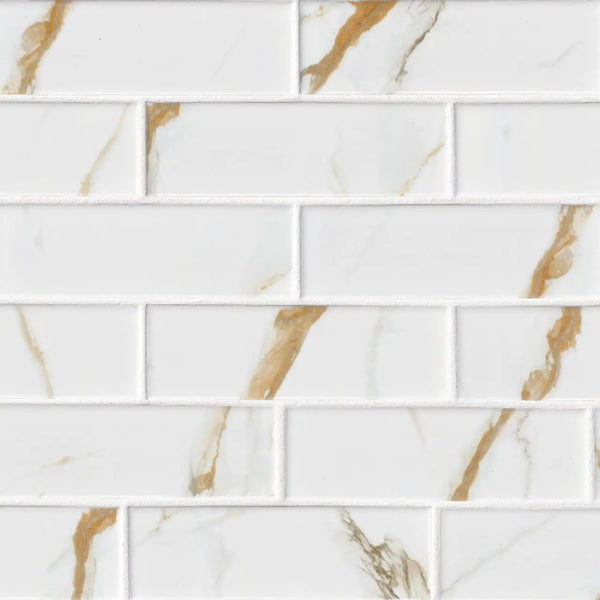 Calacatta Gold Matte Subway Tile 2x6 Porcelain Mosaics