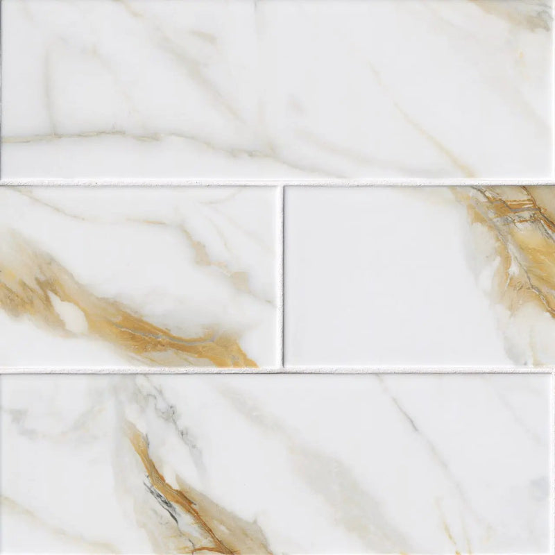 Calacatta Gold Matte Subway Tile 4x12 Porcelain Mosaics close up